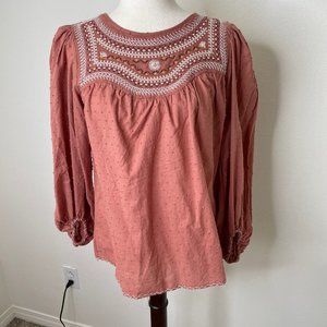 Max Studio Peasant Style Floral Embroidered Puff Sleeve Pleated Swiss Dot Blouse